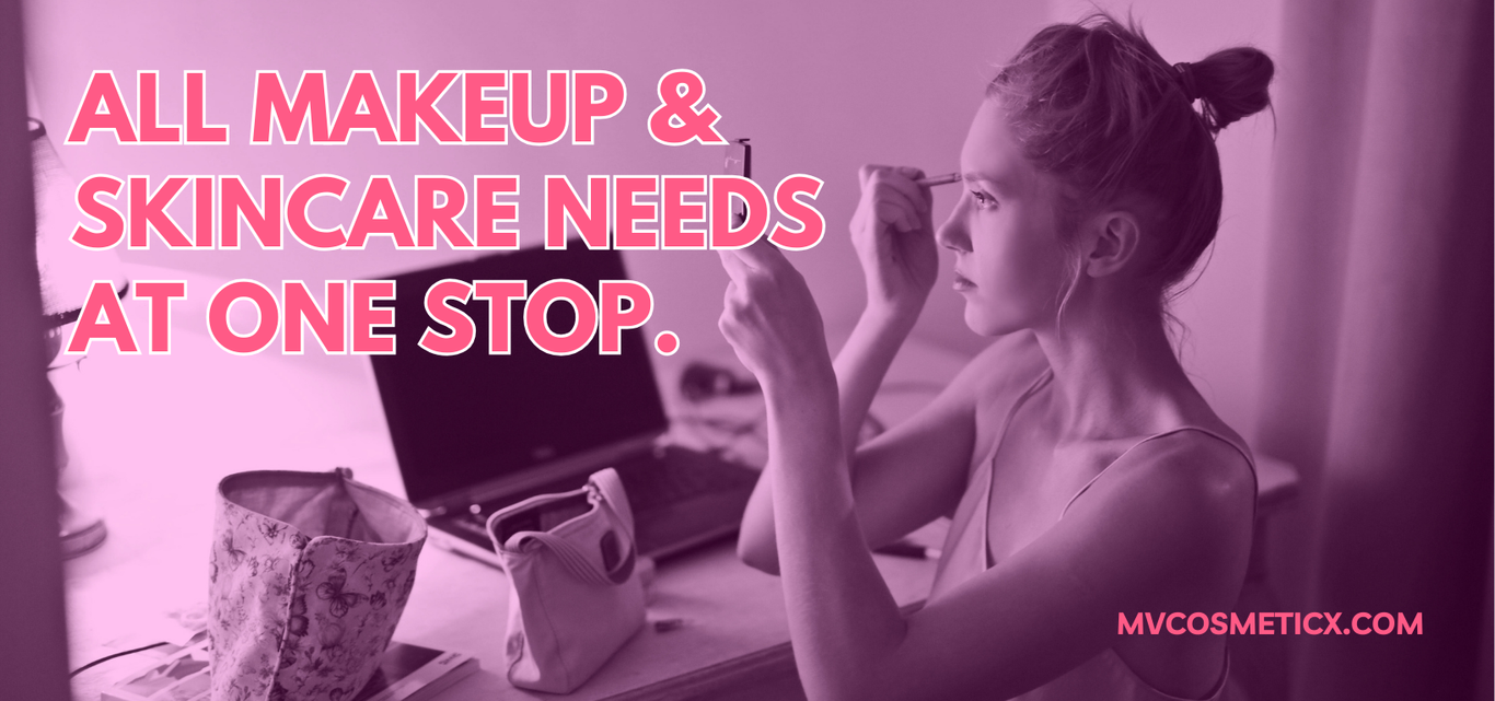 Young woman applying makeup while sitting at a desk with cosmetic bags and a laptop, overlaid with bold pink text promoting a one-stop shop for makeup and skincare needs, along with the website MVcosmeticx.com.