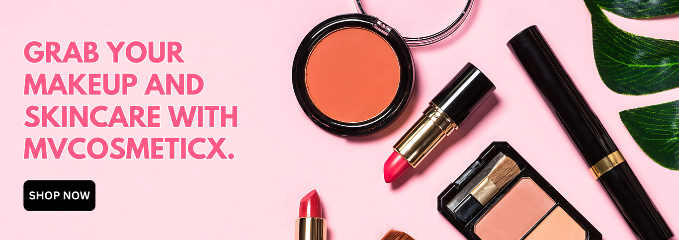 Flat lay of makeup products, including lipsticks, blush, mascara, and an eyeshadow palette, arranged on a pink background with green leaves. Bold pink text promotes MVcosmeticx, with a 'Shop Now' button encouraging purchases.