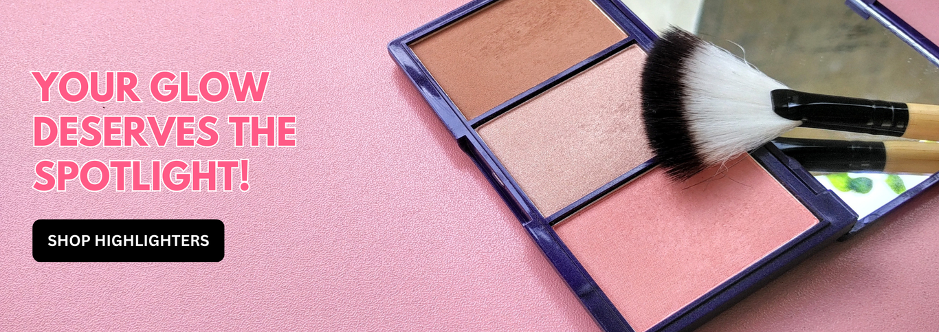 Close-up of a highlighter palette with three shimmering shades and a soft makeup brush resting on top. Bold pink text encourages users to enhance their glow, alongside a 'Shop Highlighters' button.