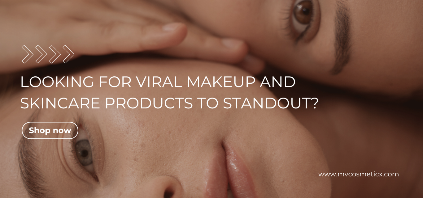 Close-up of two women with radiant, natural skin lying down, highlighting a fresh and dewy look. The text promotes viral makeup and skincare products with a 'Shop Now' button, directing to mvcosmeticx.com